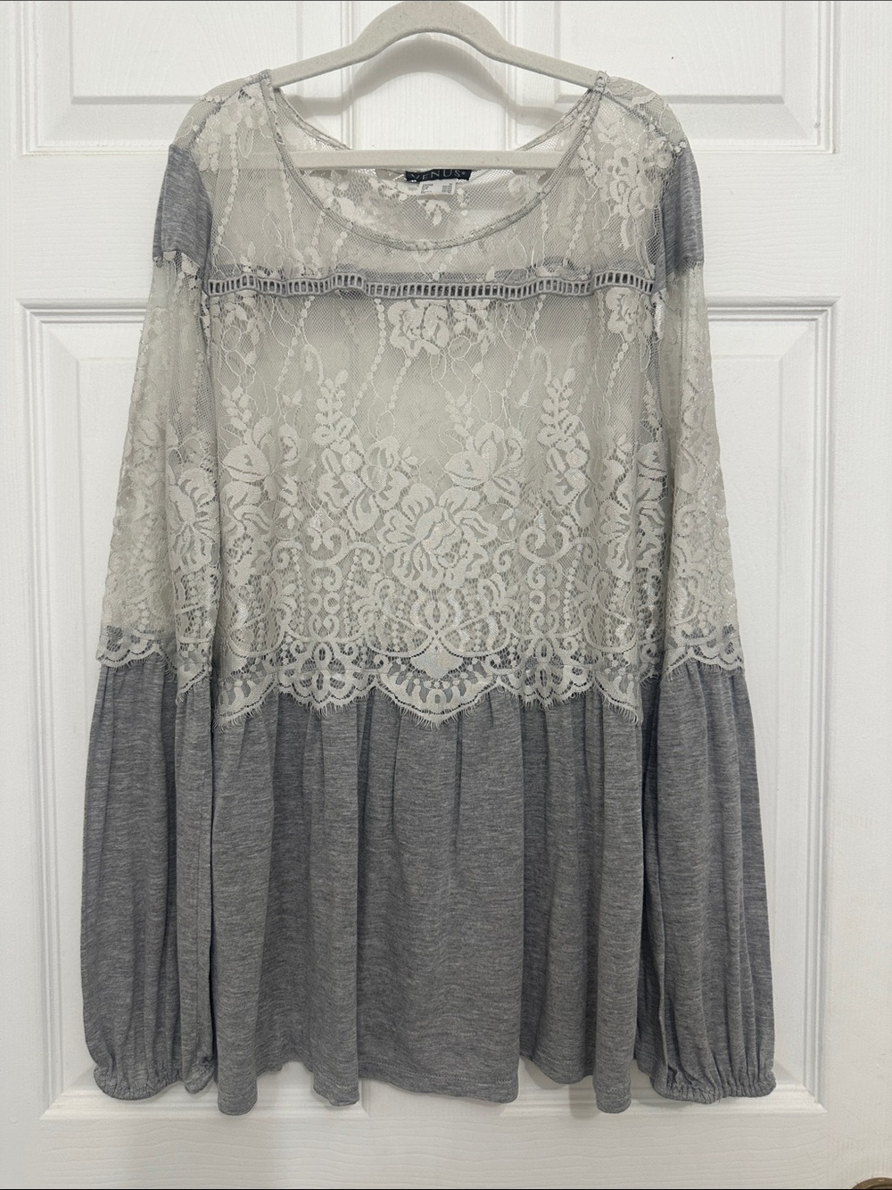 Venus Gray Knit Tunic with Ivory Lace Yoke